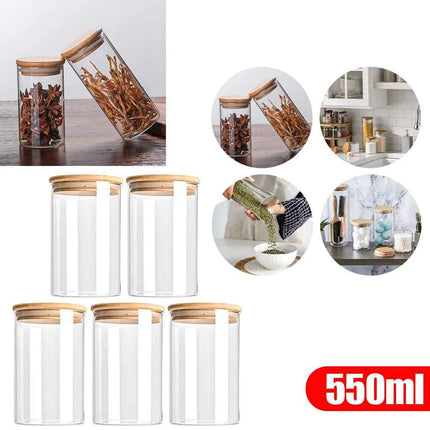 5pc 300/550/950ml Glass Food Storage Containers With Wooden Lid Kitchen Sealed Jar Food Storage Multigrain Tank Bottle