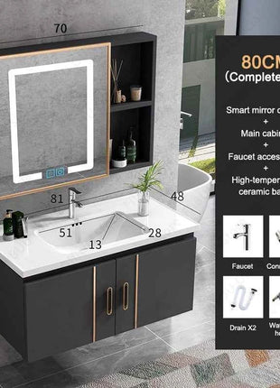 Bathroom Vanity Cabinet Set with Integrated Ceramic Sink Drain Accessories Wall Mounted Aluminum Storage Cabinet Mirror Combo