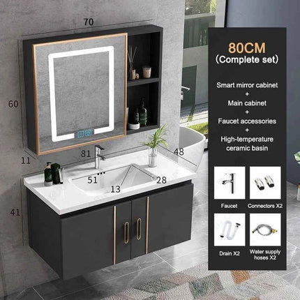 Bathroom Vanity Cabinet Set with Integrated Ceramic Sink Drain Accessories Wall Mounted Aluminum Storage Cabinet Mirror Combo
