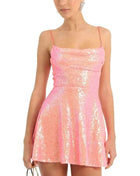 Abito da donna con paillettes lucide senza maniche, senza schienale, con spalline, aderente, mini abito da donna alla moda, abito da festa a trapezio per cocktail streetwear