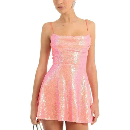 Abito da donna con paillettes lucide senza maniche, senza schienale, con spalline, aderente, mini abito da donna alla moda, abito da festa a trapezio per cocktail streetwear