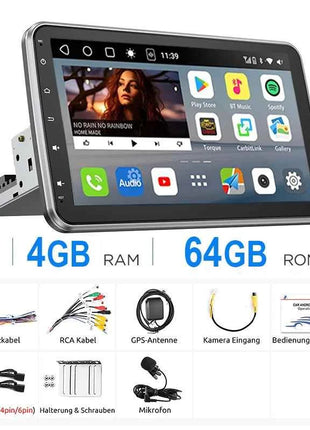 ESSGOO 10.1"Android14 4-64G 360°Rotatable Touchscreen 1 DIN Car Radio Wireless Carplay Bluetooth GPS Navi RDS WIFI MIC EQ FM SWC