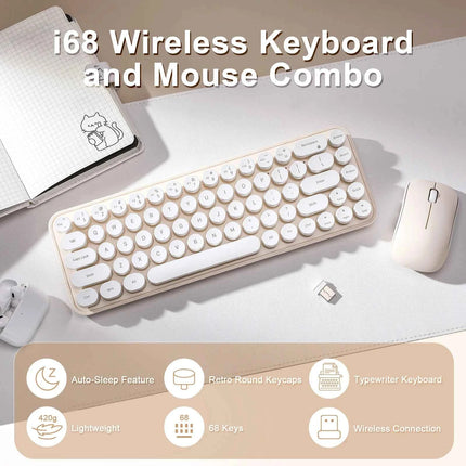 MIKIBY i68 Yellow Wireless Keyboard and Mouse Combo, 2.4G Retro Style Keyboard with Round Keycaps, Lightweight Membrane Keyboard