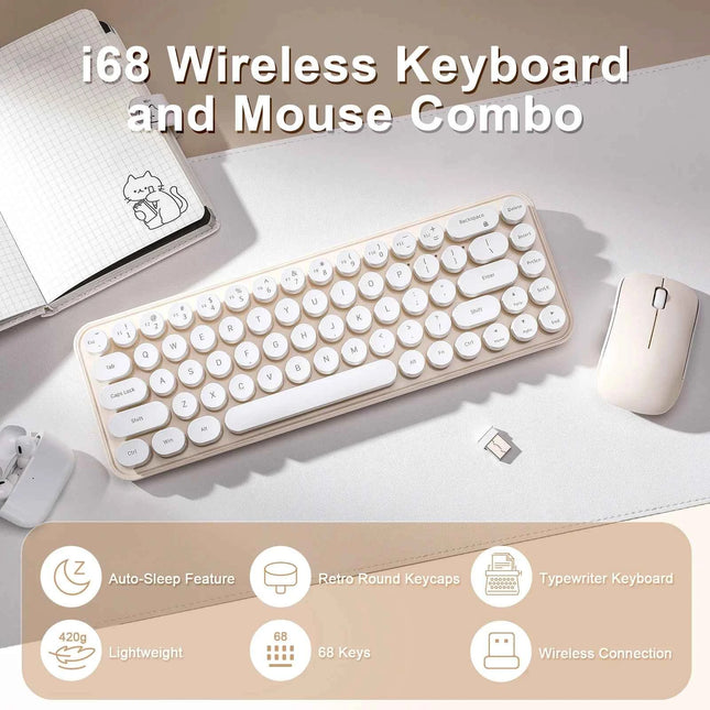 MIKIBY i68 Yellow Wireless Keyboard and Mouse Combo, 2.4G Retro Style Keyboard with Round Keycaps, Lightweight Membrane Keyboard