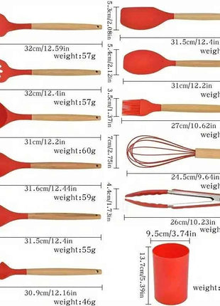 12pcs Set of Multi-color Silicone Wooden Handle Kitchenware Set Non Stick Pot Spatula and Spoon Cooking Utensils, Heat-resistant