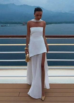 Women's Sleeveless Off Shoulder Long Dresses Elegant Pleated Tie Up Long Dresses New Summer Birthday Party Dresses