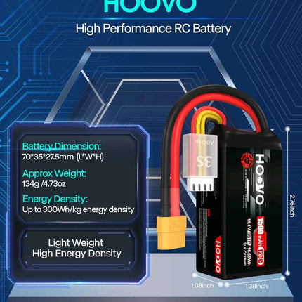 HOOVO 3S Lipo Battery 11.1V 120C 1500 mAh Graphene Battery with XT60 Plug for FPV Racing Drone Helicopter Airplane RC Boat Car