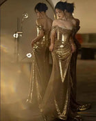 Abito da Sera Donna Paillettes Dorate Spalle Scoperte Lunghezza Pavimento Sirena - Mauroicardi