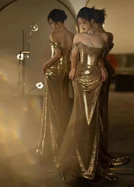 Abito da Sera Donna Paillettes Dorate Spalle Scoperte Lunghezza Pavimento Sirena - Mauroicardi