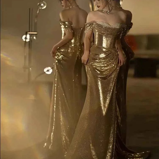 Abito da Sera Donna Paillettes Dorate Spalle Scoperte Lunghezza Pavimento Sirena - Mauroicardi