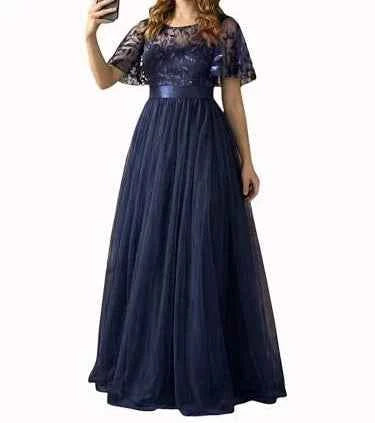 European and American Wine Red Evening Gown with Round Neck Flared Sleeves and Mesh Long Dress for Wedding 2026new Wedding Dress