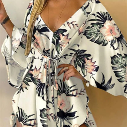 Abito da donna con stampa sexy scollo a V manica a pipistrello con volant fiori stampa Bohemian Beach vestito estivo da donna mini abiti larghi per le vacanze estive