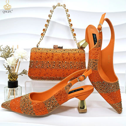 QSGFC Scarpe con tacco alto da donna di alta qualità, set di scarpe e borsa nere e oro, suola resistente, design italiano alla moda per matrimoni in Nigeria