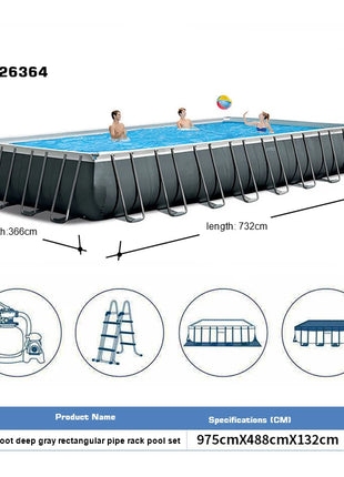 INTEX 26374 9.75 * 4.88 * 1.32 m Rectangular Steel Frame Pool Family Fun with Included Family Suction Accessories