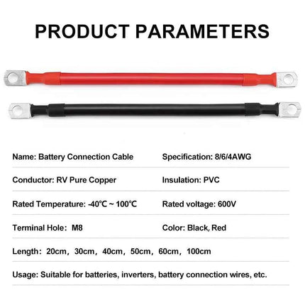 Cavo per Inverter Batteria 8AWG 6AWG 4AWG, Cavo in Rame Puro Intrecciato per Energia Solare, UPS, Connessione Auto con Terminali a Capocorda M8