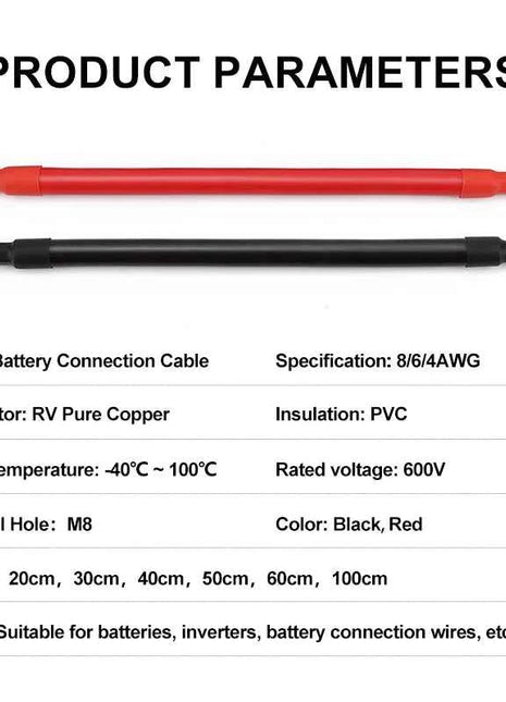 Cavo per Inverter Batteria 8AWG 6AWG 4AWG, Cavo in Rame Puro Intrecciato per Energia Solare, UPS, Connessione Auto con Terminali a Capocorda M8