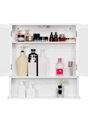 Wall Cabinet with Mirror Shelf Adjustable Height for Bathroom Kitchen, 56 x 13 x 58 cm, White