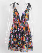 Abito corto da donna sexy con cravatta floreale con paillettes senza schienale a V profondo