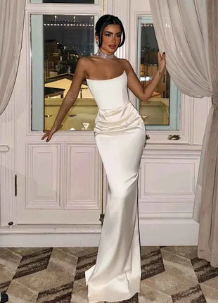 Sexy High Waist Strapless Maxi Dress Women Fashion Backless Sleeveless Pleated Satin Slim Robes Elegant Lady Party Evening Gowns