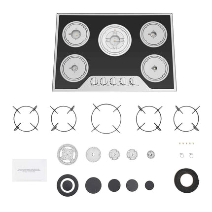 5 Burner Built-In Gas Stove Coated Glass (LPG/NG) 180° Fire Control Cast Iron Enamel Gas Cooktop for Homes or Restaurants