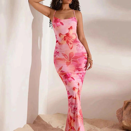 Abito da donna elegante a sirena monospalla, stampa floreale rosa, senza maniche, silhouette a trapezio, scollo rotondo, lavabile in lavatrice