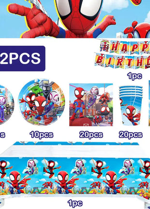Set Decorazioni per Festa di Compleanno Spidey e Amici, Articoli per la Tavola, Bicchieri, Piatti, Palloncini, Striscione, Sacchetti Regalo, Decorazioni per Torte, Accessori per Bambini