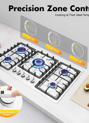 5 Burner Gas Stove Stainless Steel Gas Cooktop 1-3.3KW Gas Stove Electronic Pulse Ignition Built-in Gas Hob 2000Pa Gas Cooktop
