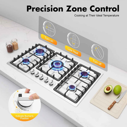 5 Burner Gas Stove Stainless Steel Gas Cooktop 1-3.3KW Gas Stove Electronic Pulse Ignition Built-in Gas Hob 2000Pa Gas Cooktop