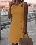 Elegant white women's short dress with round neck straps and a sexy hip-hugging fitted skirt. New sheer ribbon button mini dress.