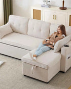 L-shaped Upholstered Sofa Bed with Sleeping Function, with Storage Space and Beverage Holder, Left and Right Interchangeable