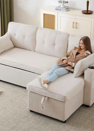L-shaped Upholstered Sofa Bed with Sleeping Function, with Storage Space and Beverage Holder, Left and Right Interchangeable