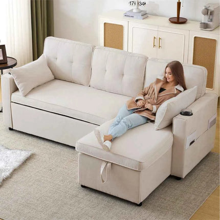 L-shaped Upholstered Sofa Bed with Sleeping Function, with Storage Space and Beverage Holder, Left and Right Interchangeable