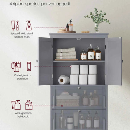 VASAGLE Bathroom Cabinet Kitchen Cabinet with 2 Drawers and 2 Doors, Adjustable Shelf, 30 x 60 x 110 cm, Dove Grey