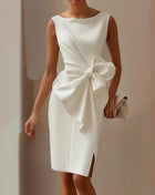 Elegante abito con fiocco solido per le donne Moda senza maniche O collo Pacchetto sottile Abiti alla moda Lady Serata formale Abbigliamento da donna
