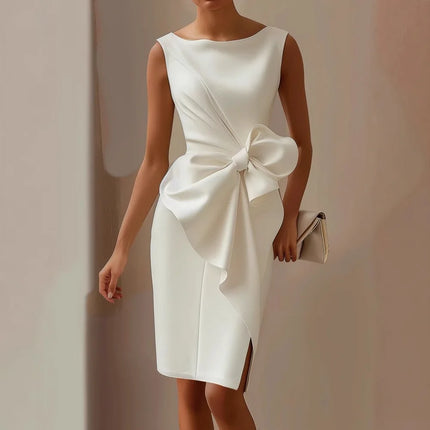 Elegante abito con fiocco solido per le donne Moda senza maniche O collo Pacchetto sottile Abiti alla moda Lady Serata formale Abbigliamento da donna