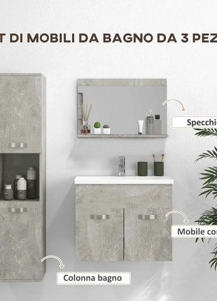 Kleankin 4-Piece Furniture Bathroom Set with 60cm Ceramic Wash Basin, Bathroom Furniture, Wooden Column and Mirror, Grey