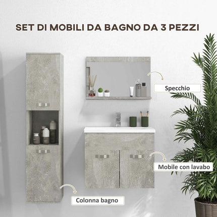 Kleankin 4-Piece Furniture Bathroom Set with 60cm Ceramic Wash Basin, Bathroom Furniture, Wooden Column and Mirror, Grey