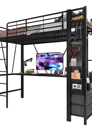 KOMHTOM High Bed 90x200cm Iron frame with desk LED bar USB + TYPE-C socket 4 drawers
