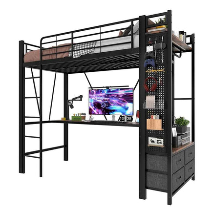 KOMHTOM High Bed 90x200cm Iron frame with desk LED bar USB + TYPE-C socket 4 drawers