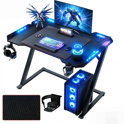Claiks Gaming Desk with LED Light, Z-Frame Gaming Table with Cup Holder and Built-in Headphone Hook