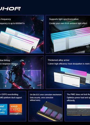 JUHOR Memoria Ram RGB DDR5 16GB DDR5 32GB(16GBX2) 6000MHz 7200MHz 8000MHz UDIMM Desktop UDIMMRAM PC Computer Memory Hynix Chip