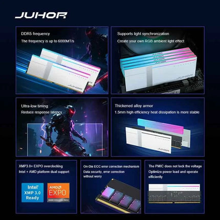 JUHOR Memoria Ram RGB DDR5 16GB DDR5 32GB(16GBX2) 6000MHz 7200MHz 8000MHz UDIMM Desktop UDIMMRAM PC Computer Memory Hynix Chip