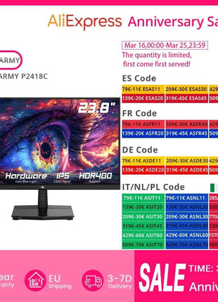 TITAN ARMY P2418C Office Monitor, 23.8 inch 1920*1080 16:9 CSOT IPS Screen, 144Hz, HDR400, 6 Scenario Modes, Supports VESA Mount