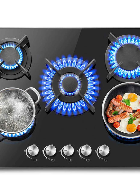 5 Burners 70 cm Glass with Automatic Flame Protection, Natural Gas Propane Gas, Built-in Gas Hob