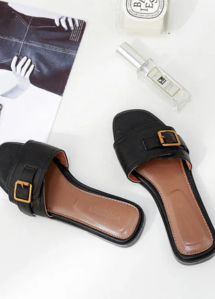 Pantofole piatte da donna estate in pelle punta quadrata donna appartamenti infradito Designer signore diapositive sandali scarpe da donna sandali di lusso
