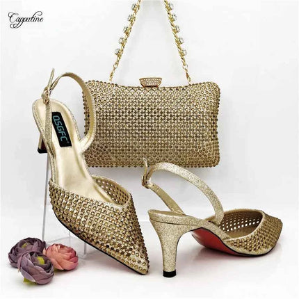 Set di scarpe e borsa verdi da donna, sandali africani di lusso con punta a punta e borsetta, scarpe con tacco da donna, pochette, escarpins femme QSL071