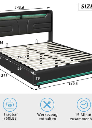 Rosahqnda Upholstered Bed 140/160 x 200 cm with LED Headboard,Hydraulic Storage Space and Metal Frame,Youth Bed,PU