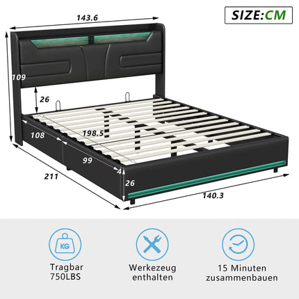 Rosahqnda Upholstered Bed 140/160 x 200 cm with LED Headboard,Hydraulic Storage Space and Metal Frame,Youth Bed,PU