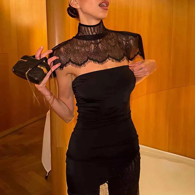 Mozision Mini abito sexy senza schienale in pizzo Abito da donna Elegante vedere attraverso dolcevita senza maniche aderente Abiti da festa da club femminile