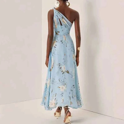 Abito Lungo in Chiffon con Stampa Floreale Francese, Vestito Boho Sexy Monospalla a Vita Alta per Donna, Abito Estivo Senza Maniche per Vacanze